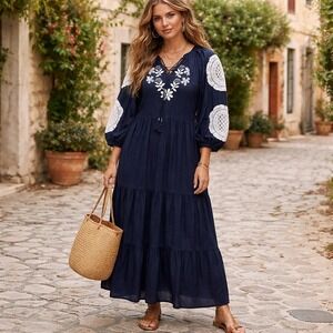 ODDY Navy Tiered Peasant Maxi Dress Crochet Sleeve Accents 1XL  Romantic Boho